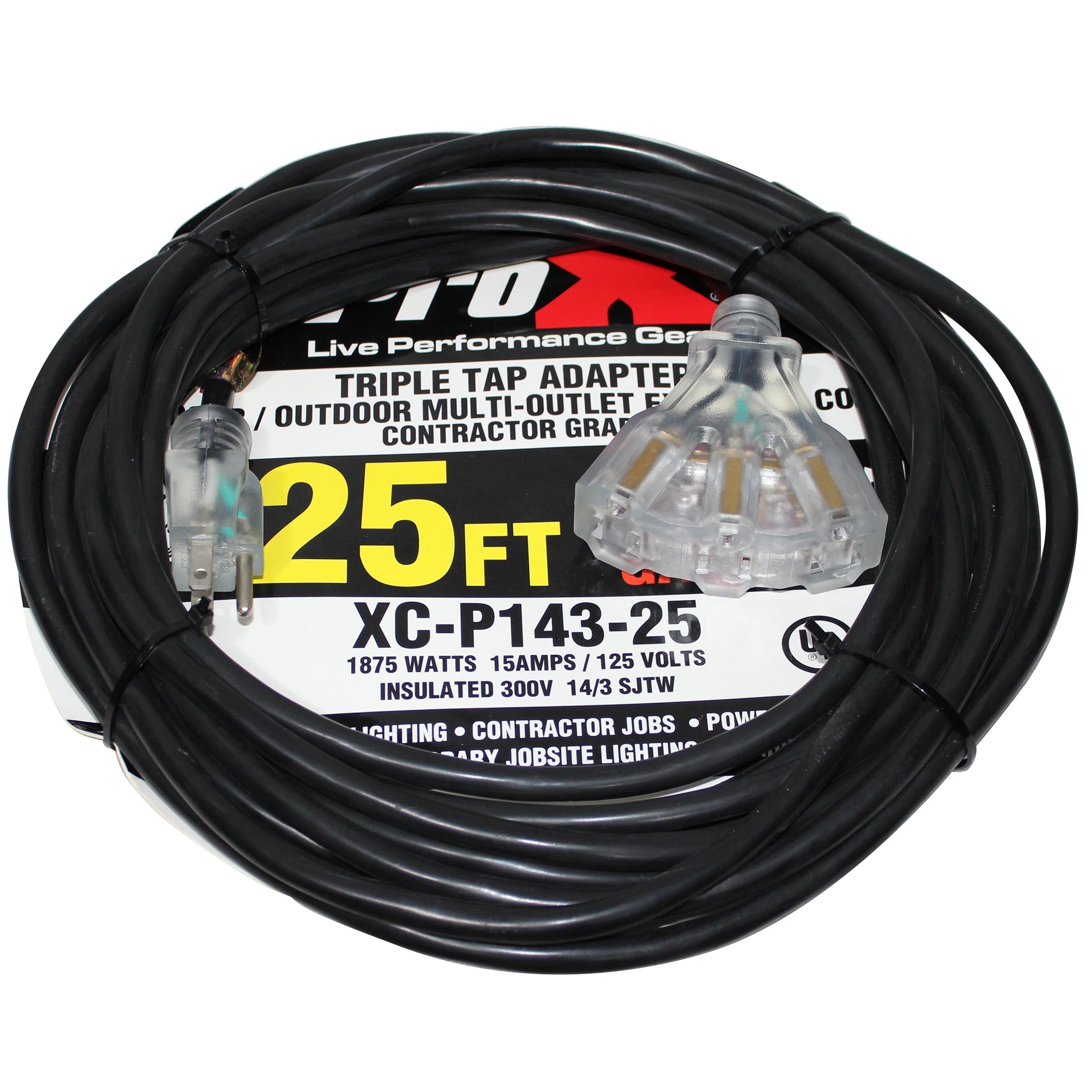 ProX XC-P143-25 - 25' Ft. 120VAC NEMA 15 Male to 3 Outlet Female Power-Extension Cord 14 AWG